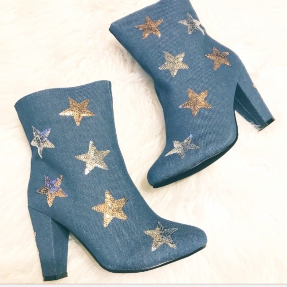 Denim wide width silver & gold star booties - Picture 1 of 5
